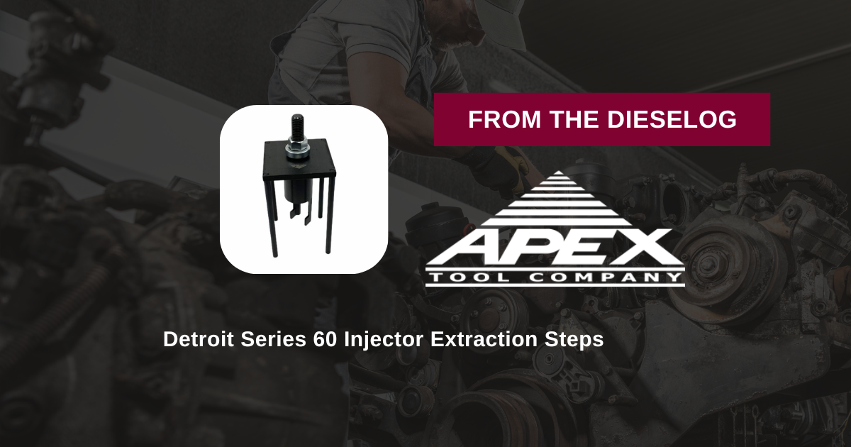 Step-by-step close up layout of heavy-duty Detroit Series 60 injector puller tool resting on a cylinder head deck